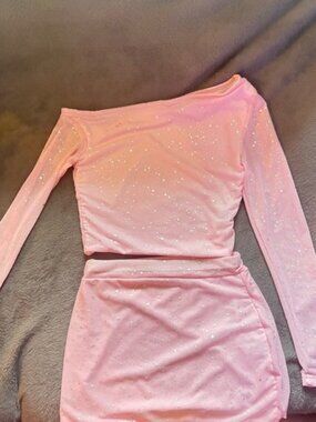 Pink Sparkle Two-Piece Crop Top & Skirt Set